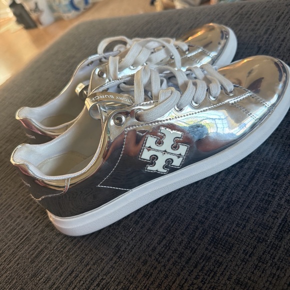 Tory Burch Shoes - Tory Burch Metallic Silver Logo Sneakers